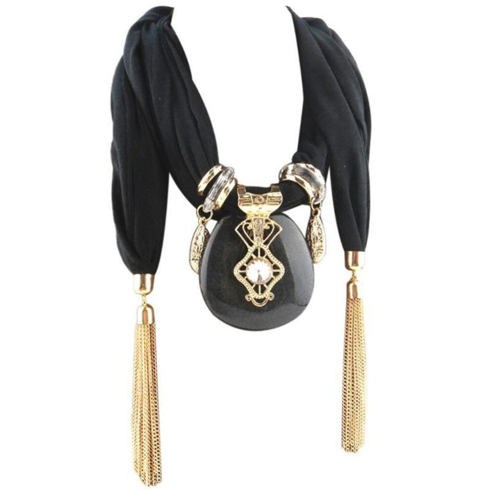 (black) Fashion Women Bohemian Ethnic Jewelry Tassel Water Drop Pendant Scarf Necklace
