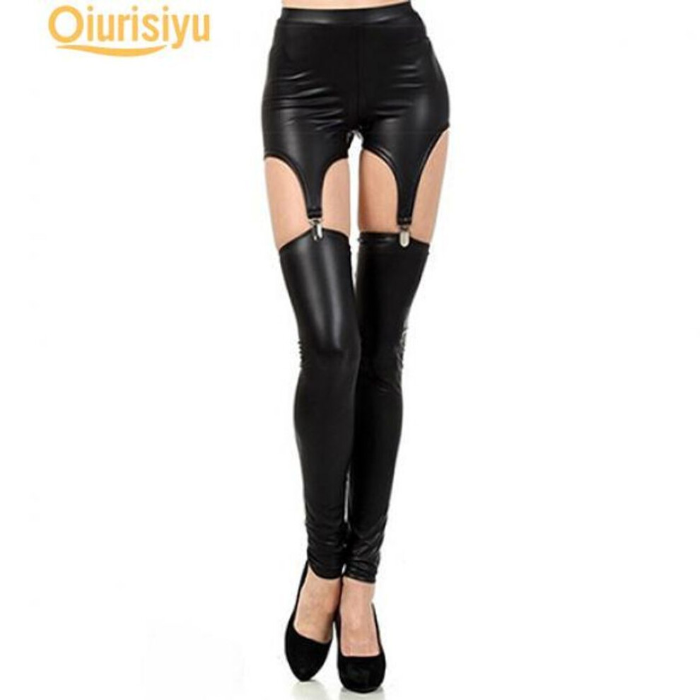 (one size) Faux Leather Tight Suspender Leggings Buckle Waist Garter Pants Women Clothing