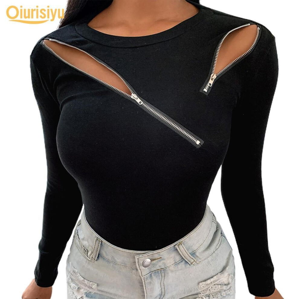 (black, XL) Women Strapless Slim Long Sleeve O Neck Zipper Blouse Top T-Shirt
