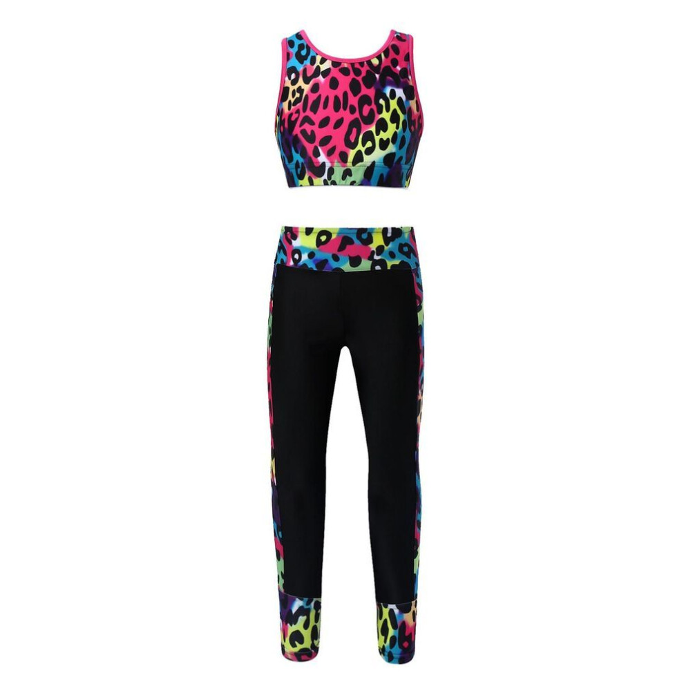 (leopard, 9-10  Years) Girls&apos; Sleeveless Crop Top Leggings Two Piece Set for Kids Summer Style Teen Gymnastics Clothing