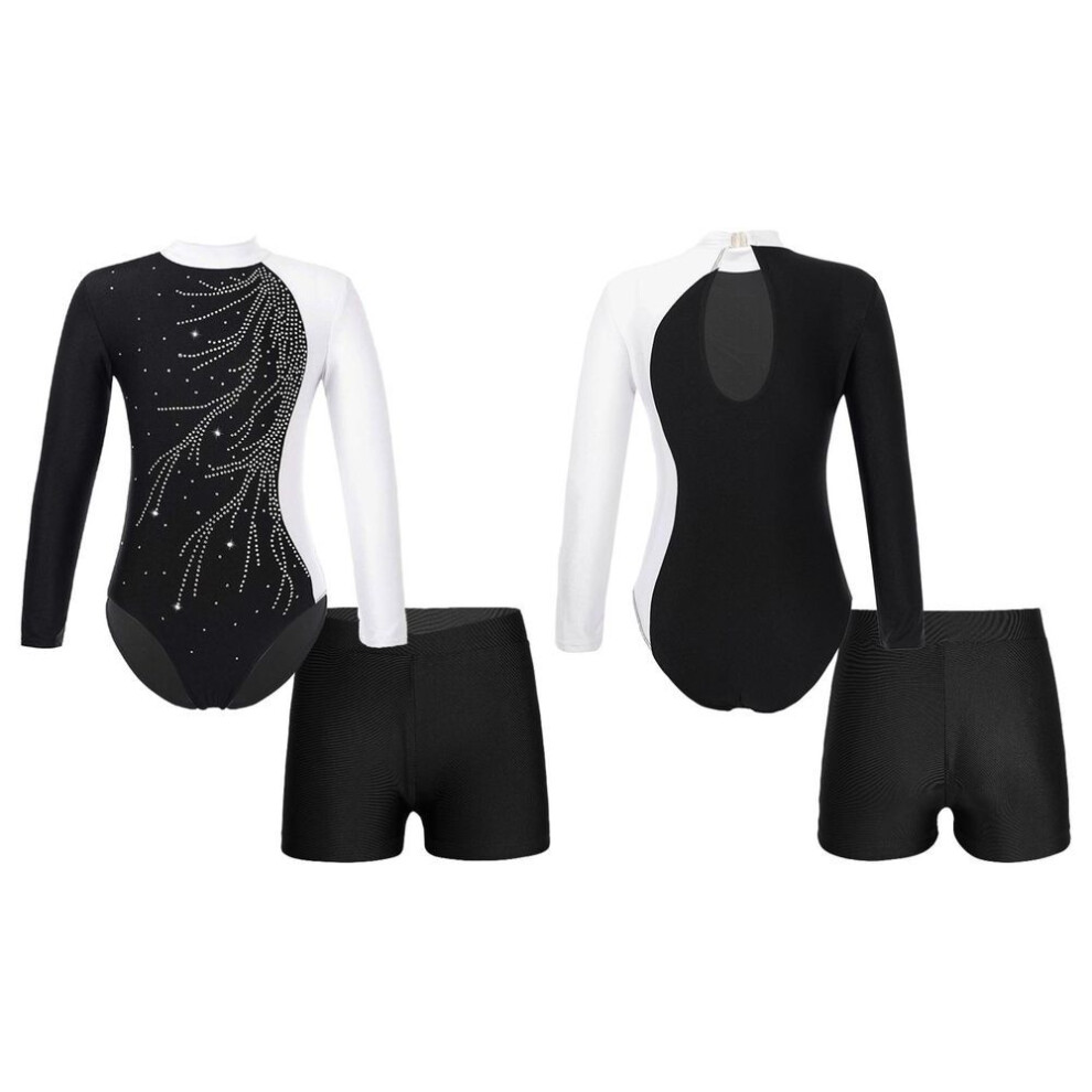 (white, 9-10 Years) Girls Long Sleeve Gymnastics Leotard Unitard With Shorts 2 Piece Outfits Ballet Dance Bodysuit Biketard Dancewear