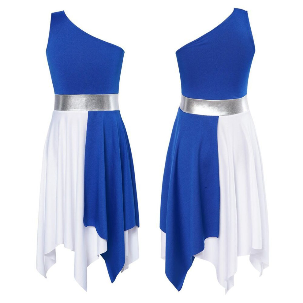 (blue, 11-12 Years) Kids Girls Sleeveless Praise Lyrical Dance Dress One Shoulder Color Block Liturgical Worship Costume Dancewear