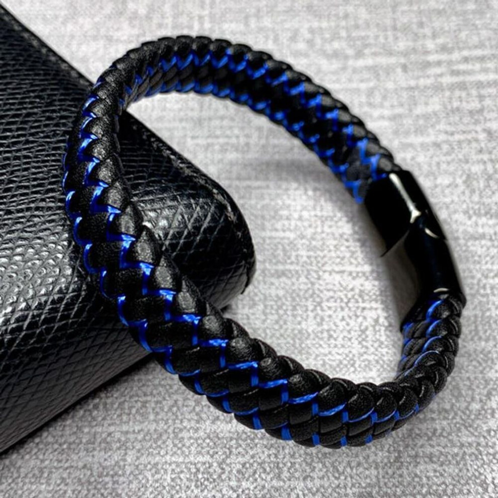 Fashion Braided Black Blue Leather Bracelet Men Stainless Steel Magnetic Clasp Bangles Wrist Band