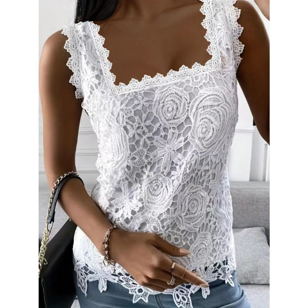 (white, 2XL) Summer Women&apos;s Vest Square Neck Lace Sleeveless Tank Top