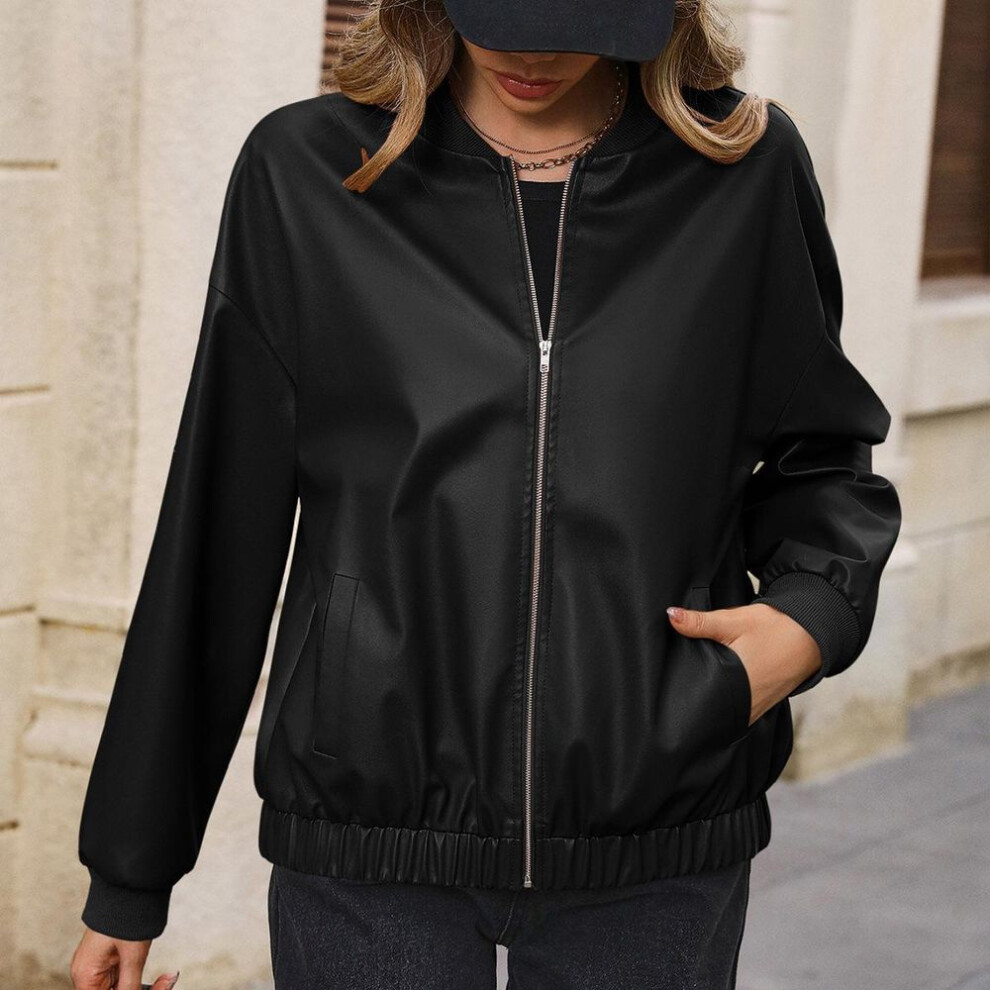 (black, XL) Women&apos;s Plus Size Jacket Casual Short Long Sleeve Pu Biker Leather Jacket Tops