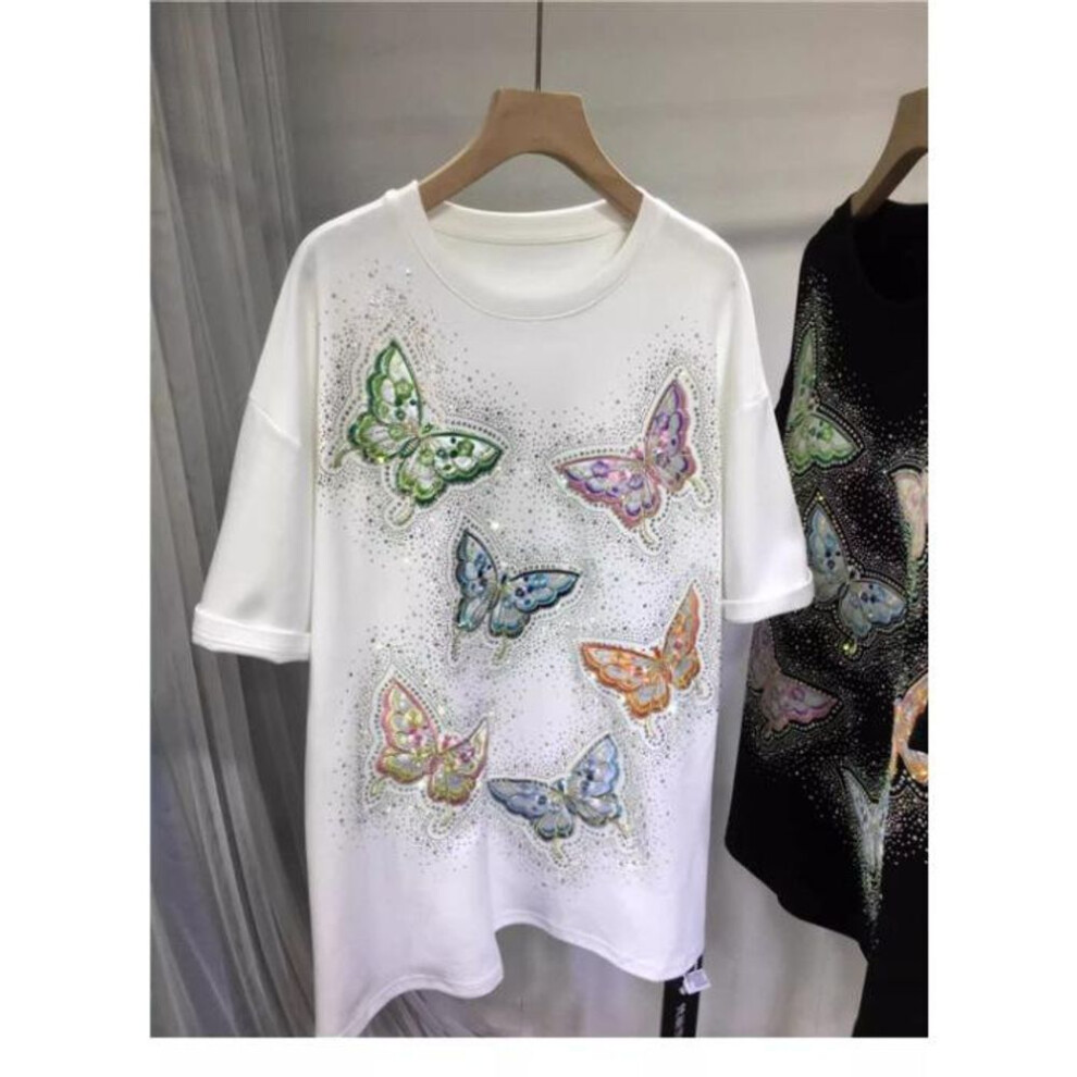 (white, 4XL) Summer Women&apos;s T-shirt Tide Drill Embroidery Butterfly Round Neck Fashion Short Sleeve Top