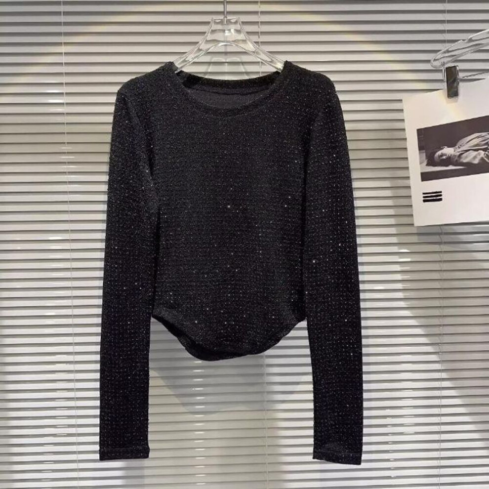 (black, 4XL) Plus Size Drill Shiny Silk Spring and Autumn Women&apos;s Blouse Tide Long Sleeve Top