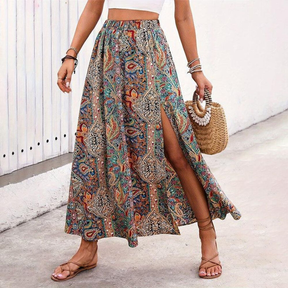 (as the picture, XL) Women&apos;s Summer Printed Split Casual A-line Half-body Skirt