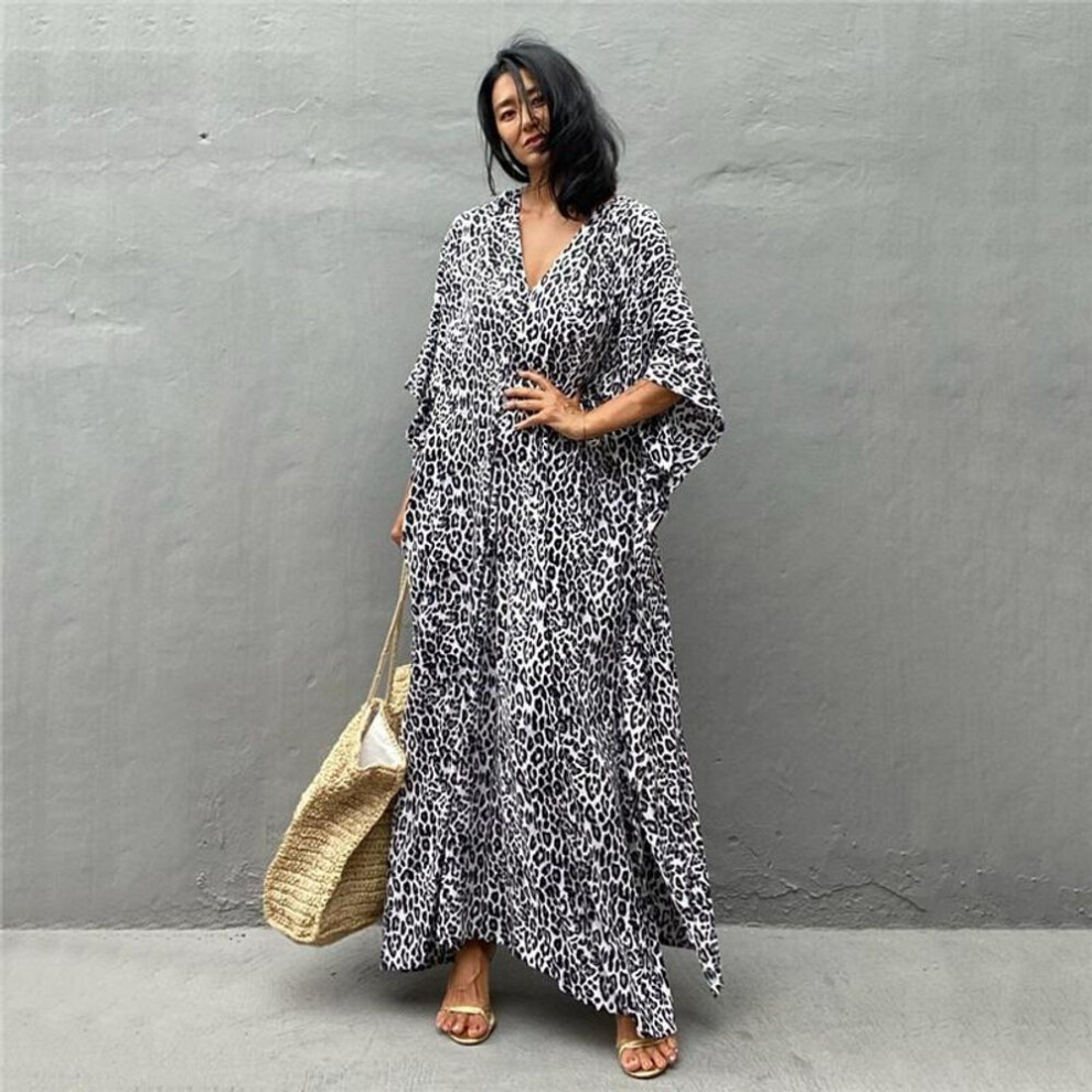 (grey, One Size) Women&apos;s Plus Size Dress Printed Leopard Dot Beach Cover Up Loose Long Dress Swimsuit Cover Up