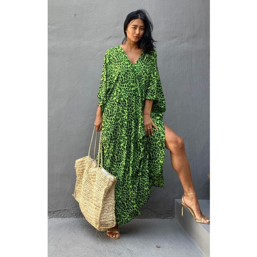 (green, One Size) Women&apos;s Plus Size Dress Printed Leopard Dot Beach Cover Up Loose Long Dress Swimsuit Cover Up
