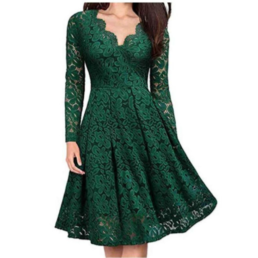 (green, XXXL) Women&apos;s Autumn and Winter Dress Lace Dress with Long Sleeves with A Base Slimming Temperament Skirt