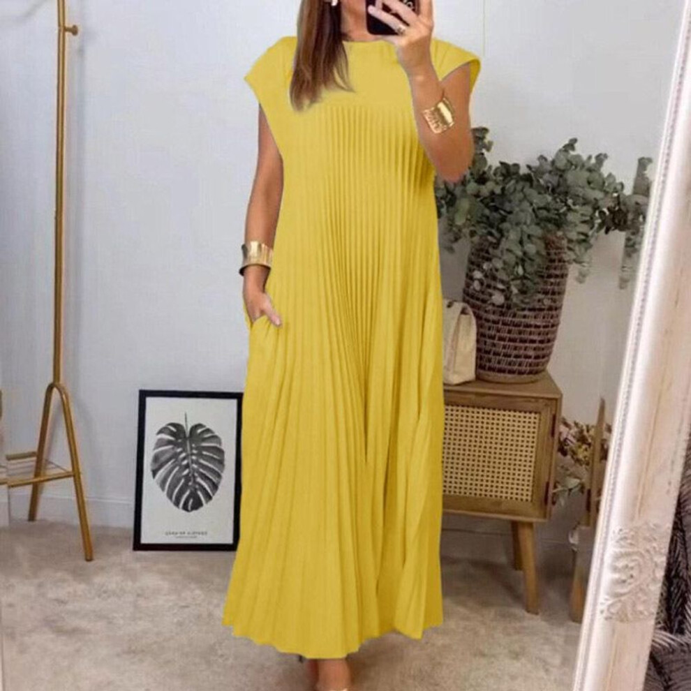 (yellow, XL) Women's Summer Elegant Round Neck Sleeveless Pleated Long Dresses