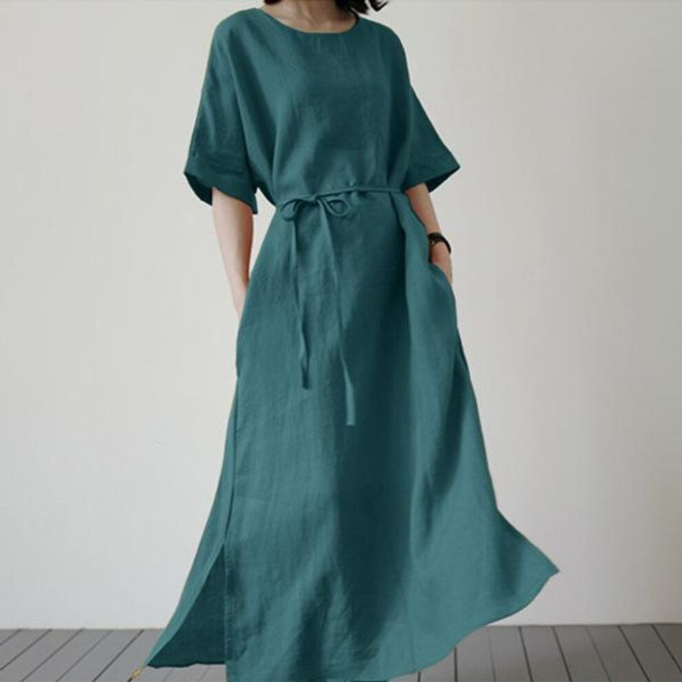 (blue, 5XL) Women&apos;s Plus Size Dress Long Fashion Split Hem Sundress Elegant Short Sleeve Casual Belted Cotton Linen Dresses