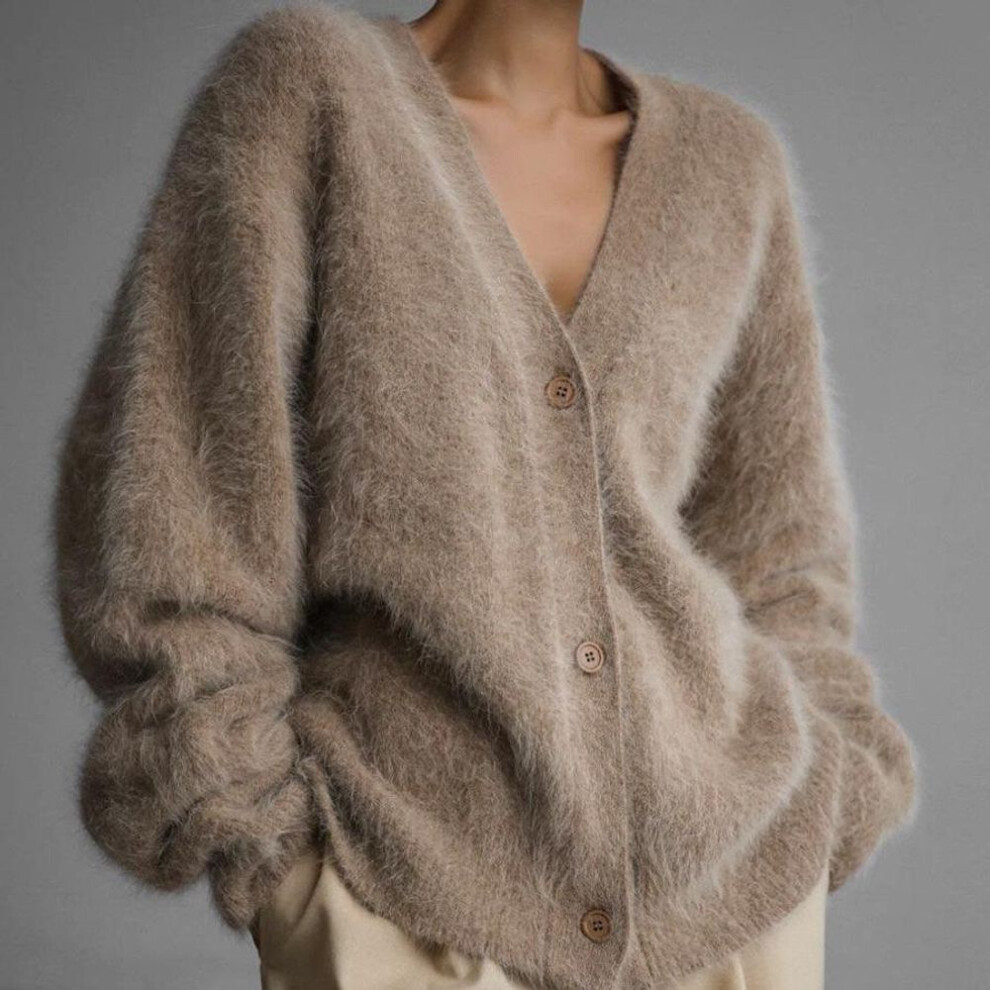 (khaki, XL) Women&apos;s Autumn and Winter V-Neck Knit Loose Solid Colour Cardigan Sweater