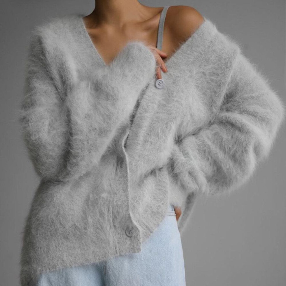 (light grey, XL) Women&apos;s Autumn and Winter V-Neck Knit Loose Solid Colour Cardigan Sweater