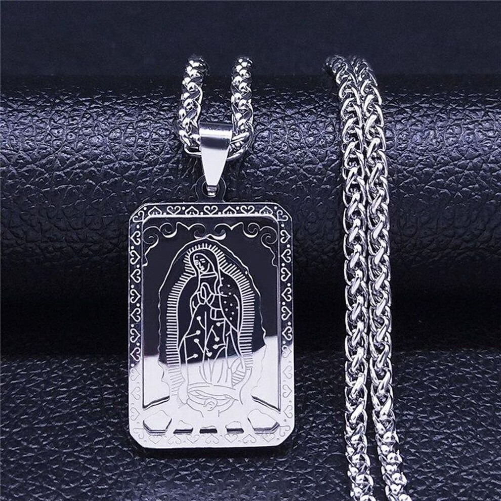 (silver, Chain 60CM) Virgin Mary Christian Necklaces Double Layer Stainless Steel Prayer Pendant Necklace Women Men Jewelry