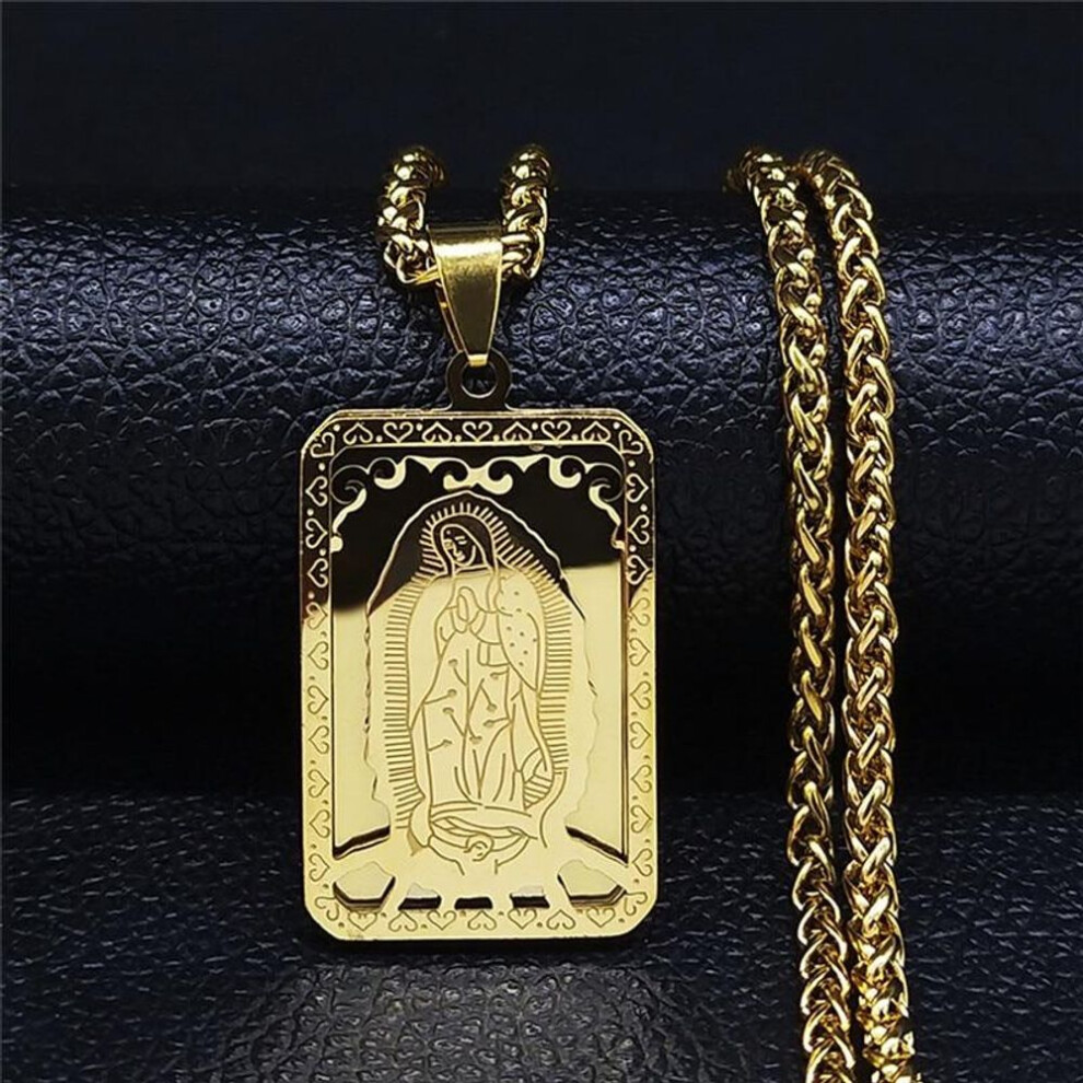 (gold, Chain 60CM) Virgin Mary Christian Necklaces Double Layer Stainless Steel Prayer Pendant Necklace Women Men Jewelry
