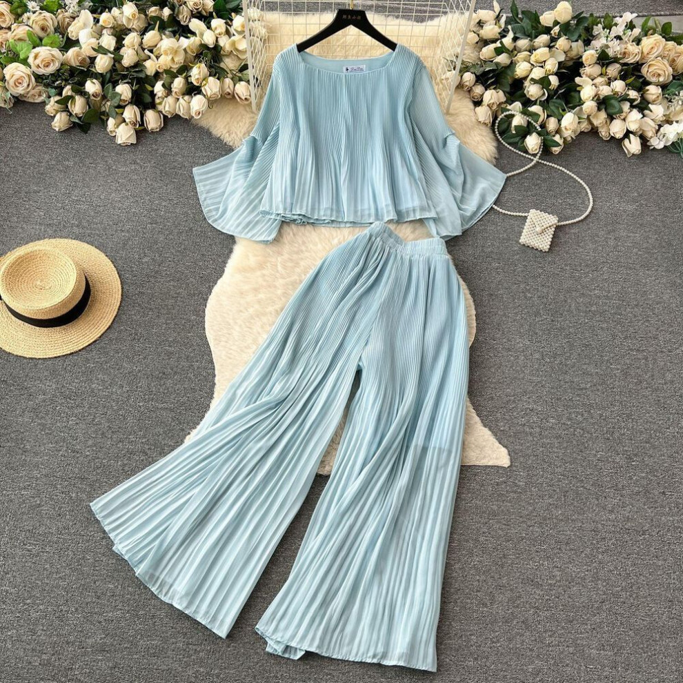(light blue, One Size) Chiffon Drape Women Pajamas Set Long Sleeve Shirt With High Waist Pants 2 Pieces Sleepwear Loose Loungewear Women Pijama Outfit