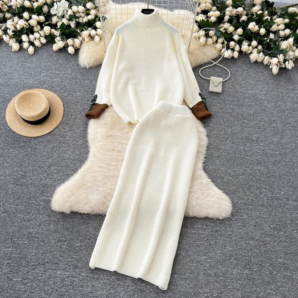 (white, One Size) Chic Women Two-piece Sets Long Sleeve Turtleneck Slim Patchwork Top And High Waist Skirt Korean Fashion Autumn Winter Clothing