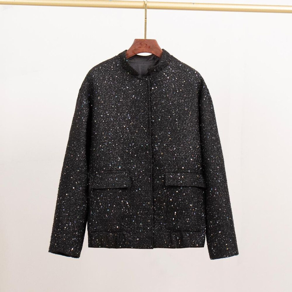 (black, M) Women&apos;s Gold Sequin Casual Stand-up Collar Loose Jacket