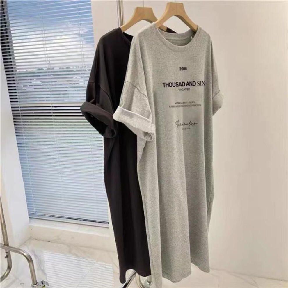 (gray, XL) Short-sleeved Dresses Women&apos;s Summer Plus Size Medium-length T-shirt Dress Knee-length Casual Long Dress