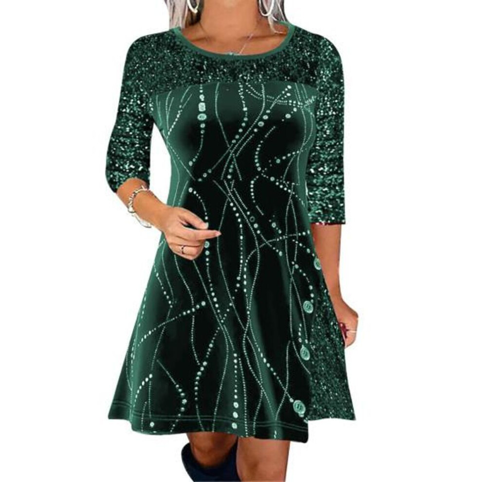 (green, 2XL) Lady Dress Round Neck Shiny Sequin Patchwork Plus Size A-line Loose Hem Printed Sexy Soft Long Sleeve Above Knee