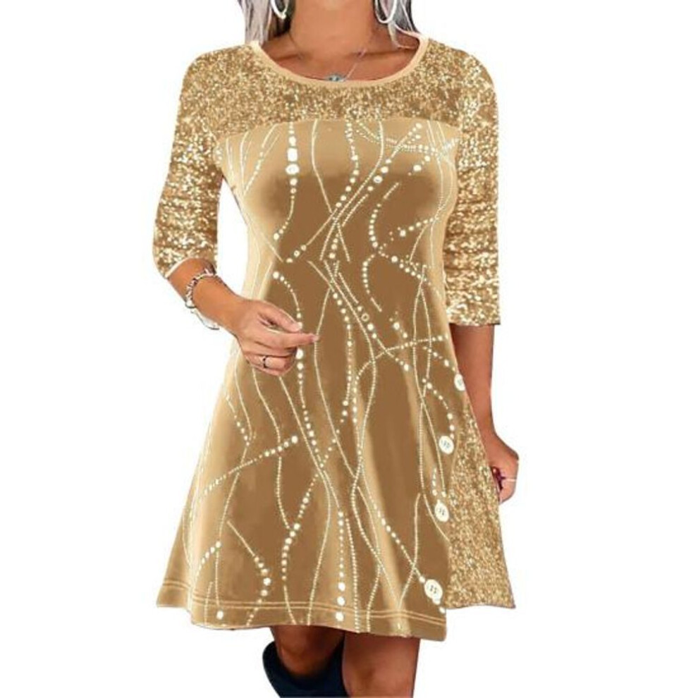(khaki, 2XL) Lady Dress Round Neck Shiny Sequin Patchwork Plus Size A-line Loose Hem Printed Sexy Soft Long Sleeve Above Knee