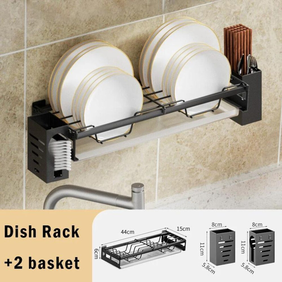 (Plate rack 2basket) Dish Rack Punch-free Wall-mounted Bowl Drying Rack Kitchen Tableware Organizer Multifunctional Dish Storage Shelf Spoon Holder