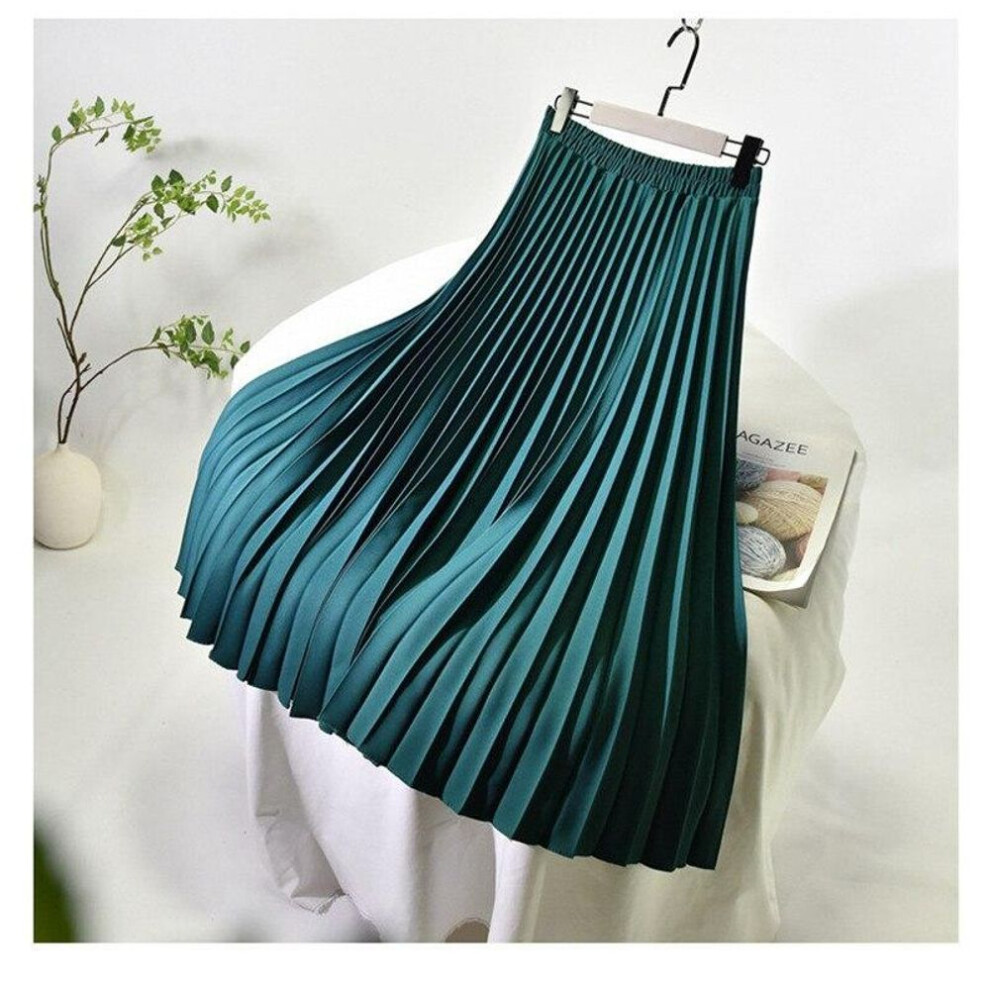 (green, One Size) Qooth Spring Pleated Elegant Casual Skirt White Green Mid-length Skirts Women High-waisted Solid A-line Skirt