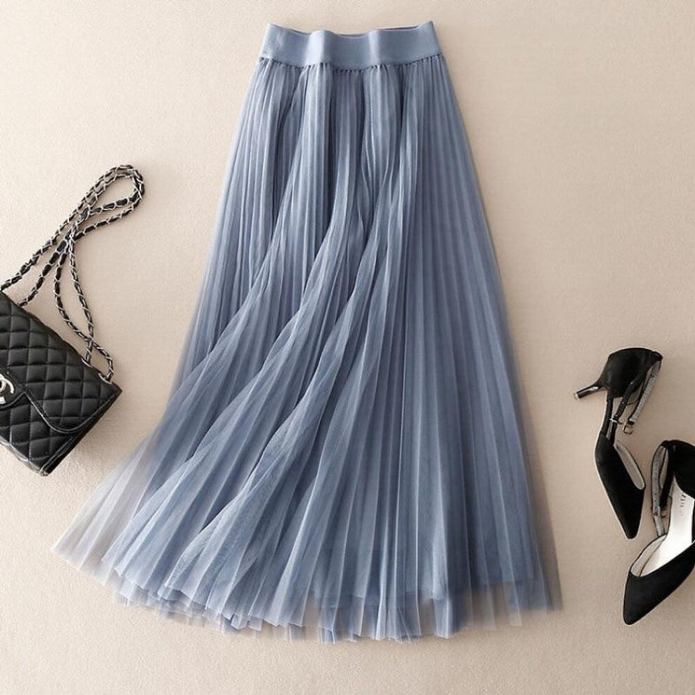 (blue, One Size) Qooth Elastic 3 Layers Waist Ball Gown Gauze Tutu Skirt Elegant Vintage Mesh Long Tulle Skirt For Spring Autumn Qt2117