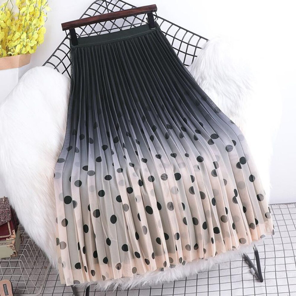 (black, one size) Qooth Spring New Gradient Color Mesh Skirt Casual Polka Dot Pleated Skirt