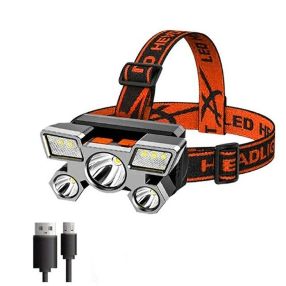 (orange, 1× Head lamp) Led Headlamp Strong Light Super Bright Head-mounted Flashlight Outdoor Rechargeable Night Fishing Headlight 5 Light Sources