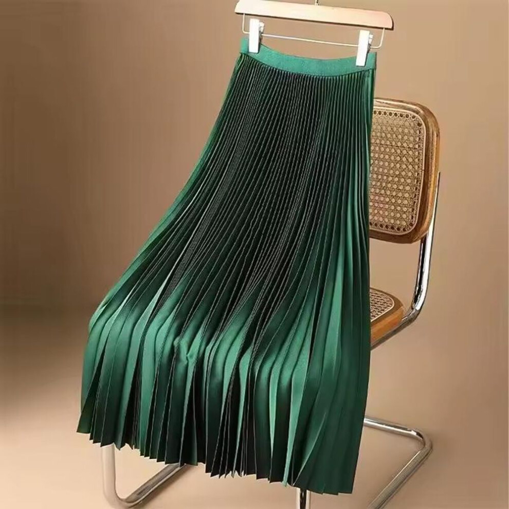 (green, 3XL) M-4xl Summer Solid Color  Length Women&apos;s Midi Pleated Skirts Elastic High Waist Satin Plain Skirt Korean A-line  Skirt Qt2397