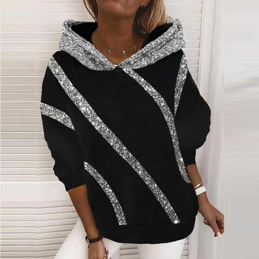 (black, XL) Womens  Fashion Sequin Print Loose Hoodie Tops Blouse Sweatshirt