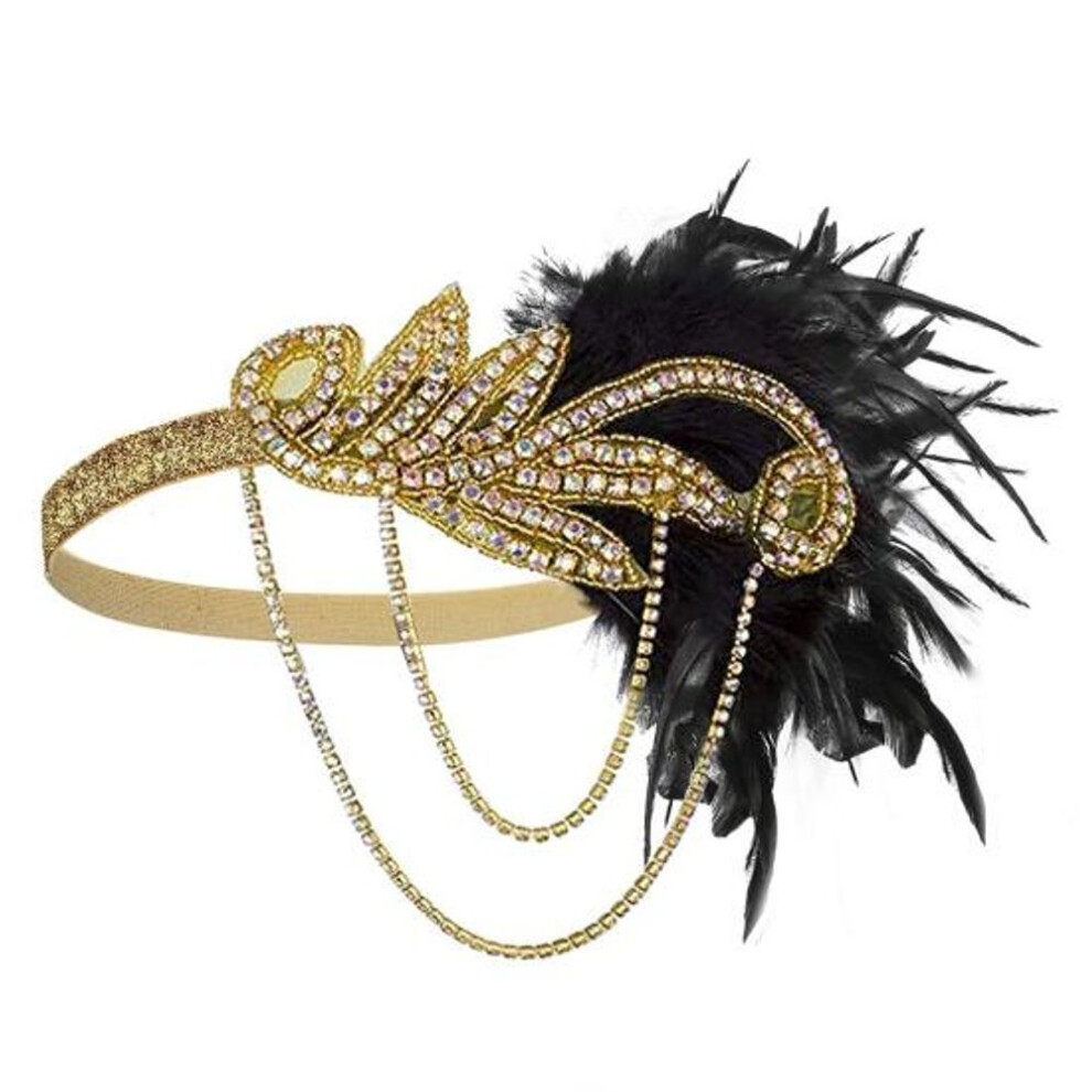 (golden) Feather Headband Vintage Style 1920s Flapper Headband Rhinestone Decor Headpiece For Parties Formal Occasions