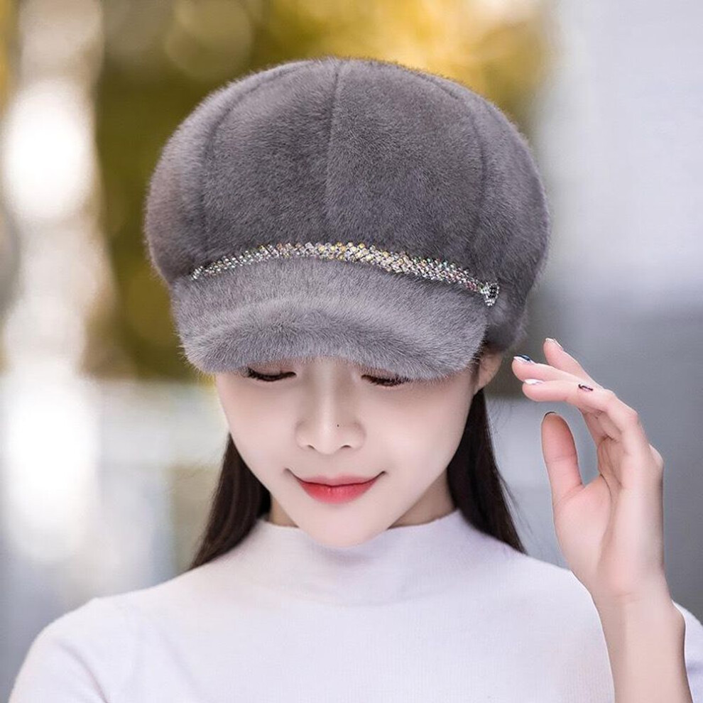 (grey, One Size) Autumn Winter Hats For Women Solid Color Plain Octagonal Cap Ladies Casual Faux Fur Women Caps