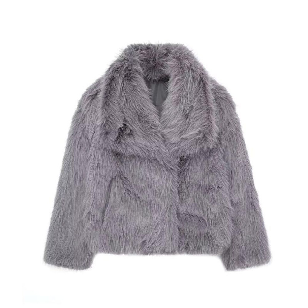 (gray, XS) Women's Fall Winter Faux Fox Fur Jacket Fashionable Turn-down Collar Coat Luxurious Cozy Solid Color Overcoat