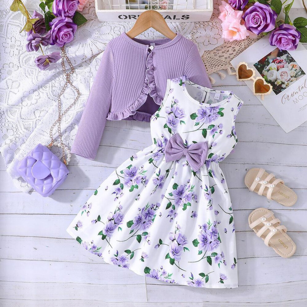 (purple, 8Y) Children&apos;s 2-8y Skirts Spring And Autumn Models Baby Colorful Halter Dress + Solid Color Jacket Fashion Baby Suit
