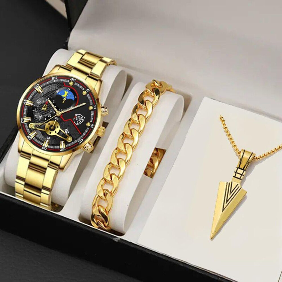 (gold) Fashion Men&apos;s Calendar Watches Mens Stainless Steel Strap Watch Business Man Quartz Wristwatch Bracelet Necklace Set