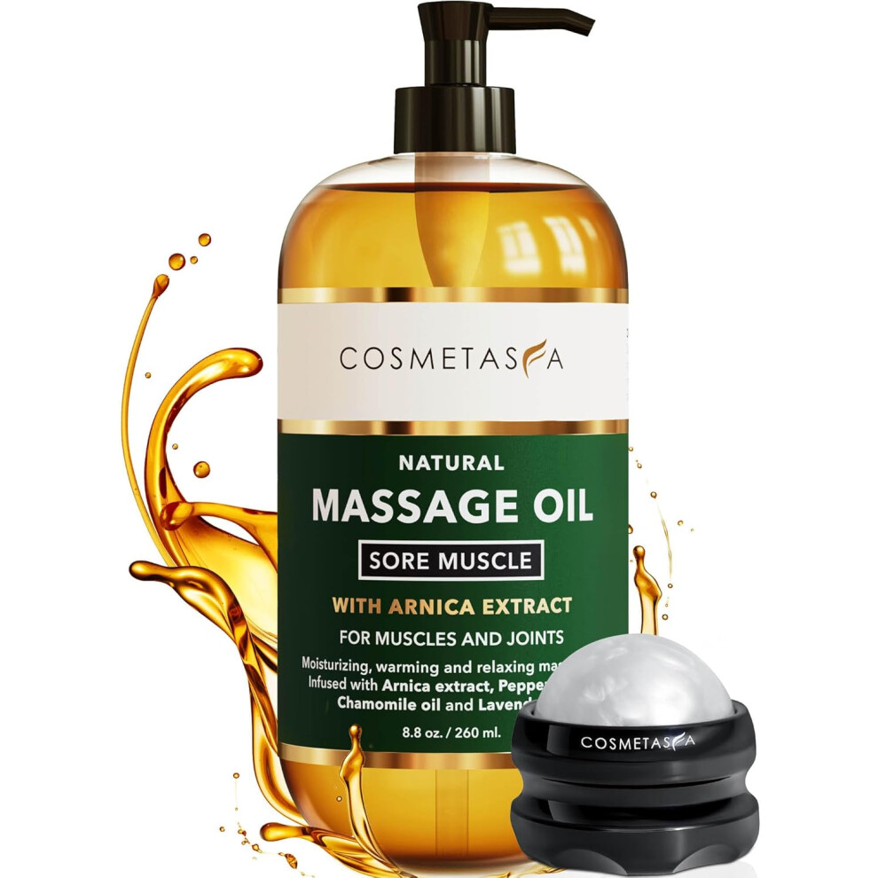 Lavender Cosmetasa Sore Muscle Natural Massage Oil With Massage Ball Roller | Soothes Muscle & Joint Pain With Arnica Extract, Chamomile & Oil