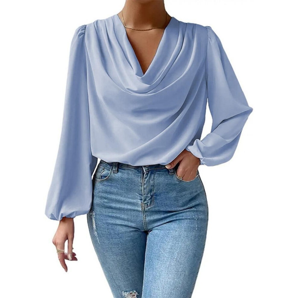 (blue, L) GMXIA Women&apos;s Fashion Casual Summer Solid Color Print Long Sleeve V-Neck Blouses & Shirts