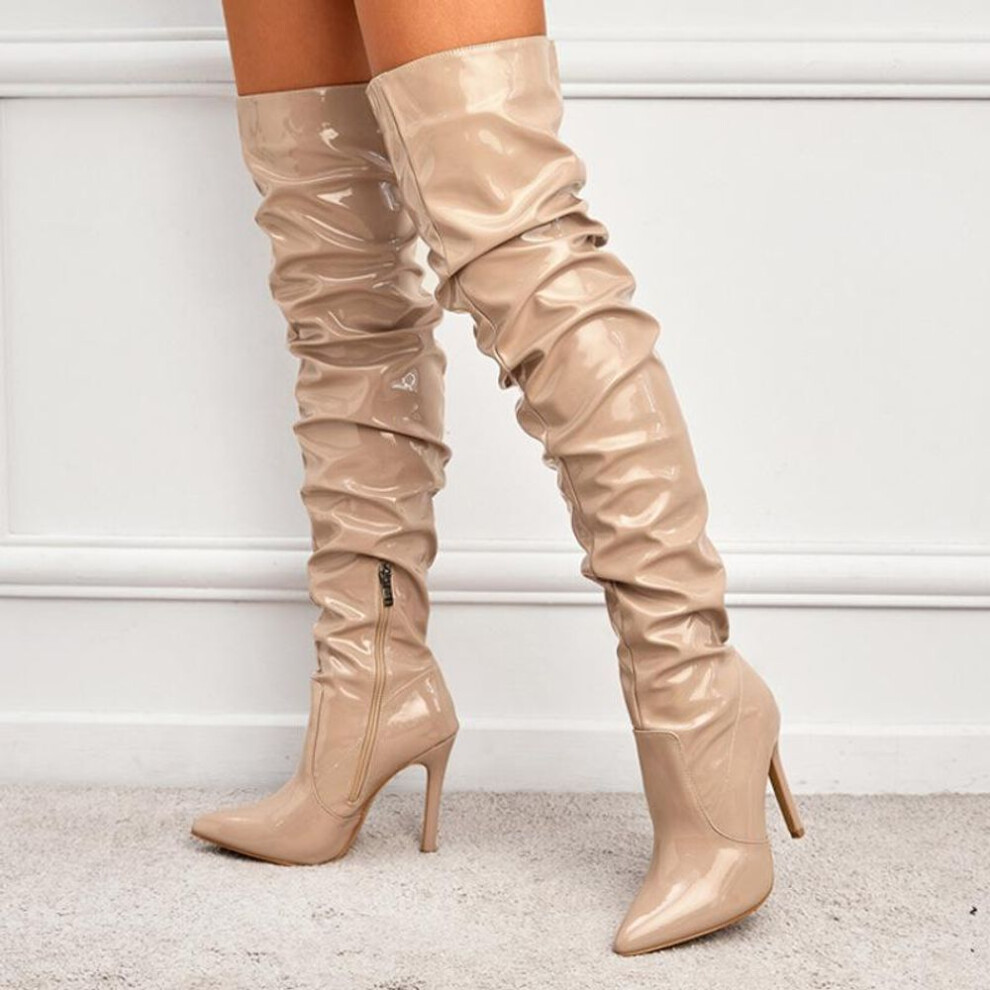 (beige, 38) Women&apos;s Over The Knee Boots Pointed Toe Side Zipper Booties High Heel Boots