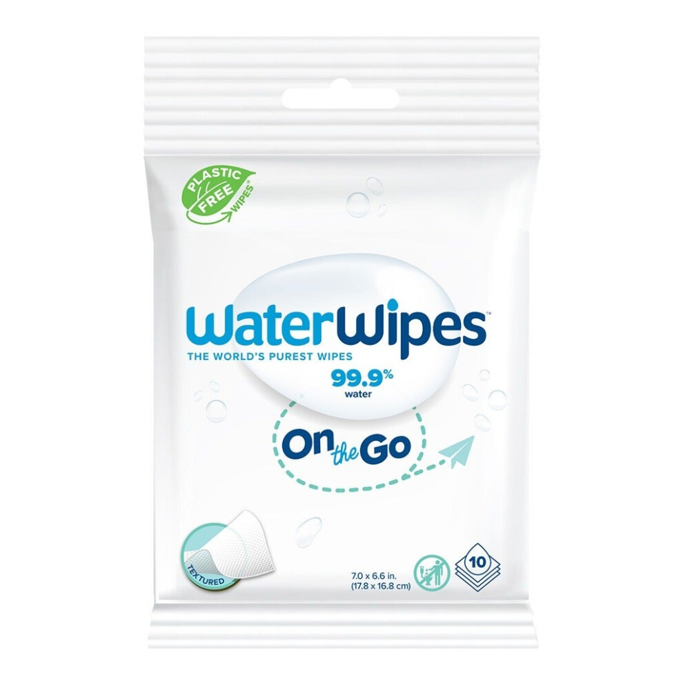 WaterWipes Plastic-Free On-the-Go Wipes, | Unscented, 99.9% Water & Natural Extracts, Gentle & Hypoallergenic | - 10 Count