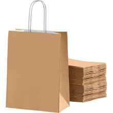 (50) Kraft Gift Bags iSOUL Pack Brown Paper Gift Bags with Handles 18x22x8cm Brown Gift Bag for Grocery, Snack, Lunch, Birthday, Xmas Party 100 GSM