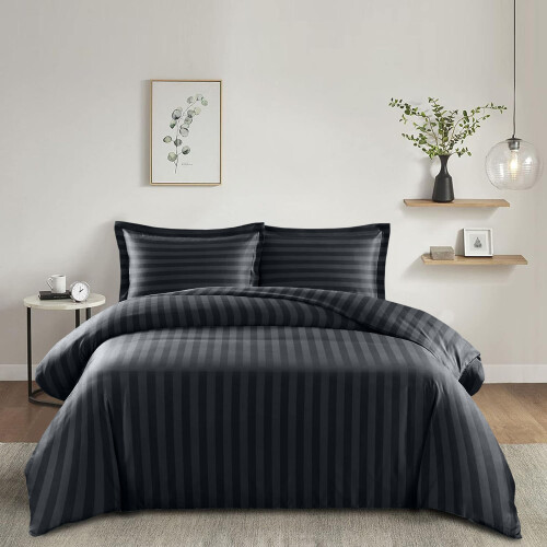 (BLACK, SINGLE) Stripe Duvet Quilt Cover Set Single Double King 2