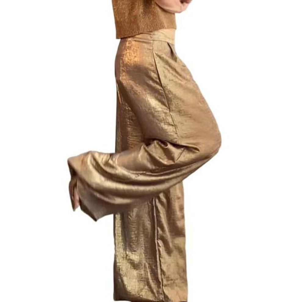 (golden, M) Women Long Elastic High Waist Casual Trousers Metallic Color Wide-Leg Pants Office Party Work Leisure Pants