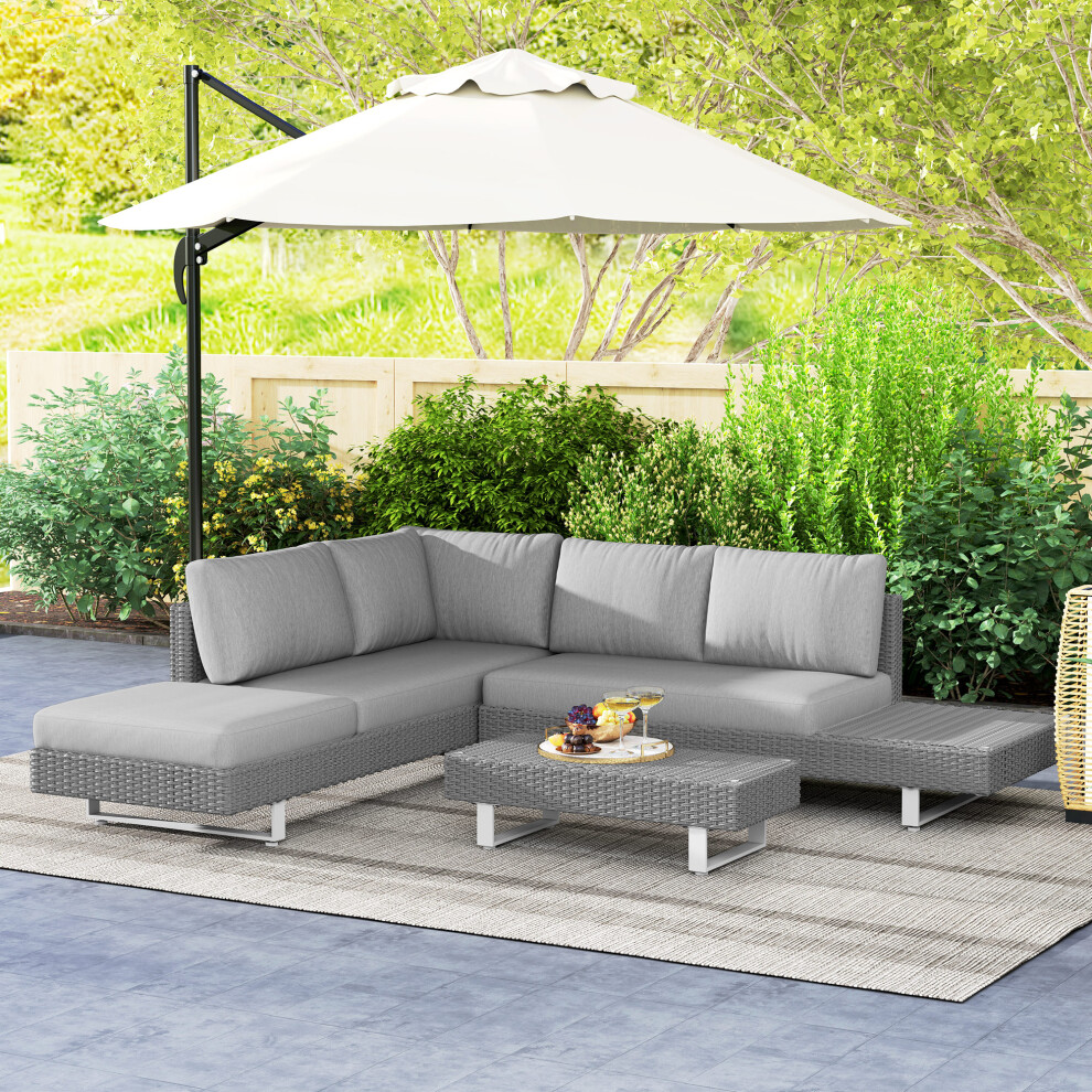 Outsunny 3Pc Rattan Wicker Sofa Set With Tea Table & Cushions, Light Grey