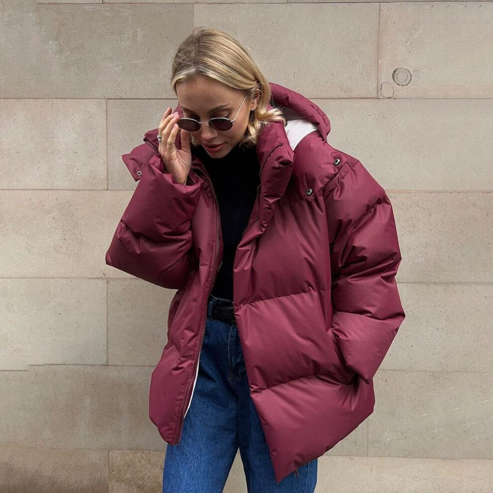 (burgundy, L) Autumn Winter Thicken Warm Parka Women Casual Solid Color Pocket Loose Short Hooded Coat Jackets Outwear