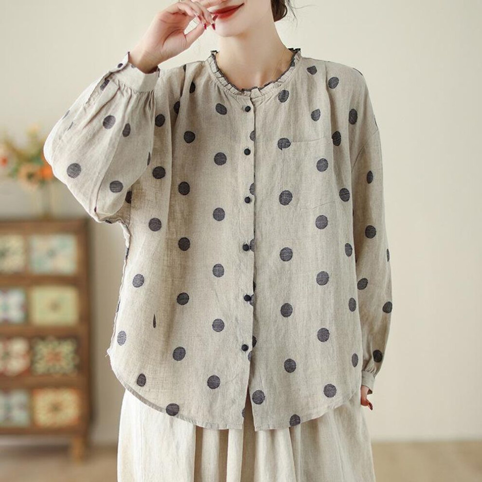 (as the picture, L) Asian Size Shirts Cotton Linen Blouse Polka Dot Printed Shirt Ruffles Collar Loose Long Sleeve Top For Women
