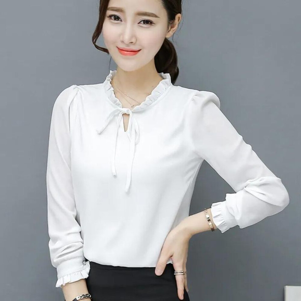 (white, M) Spring Fall Women Chiffon Tops Office Work Female Fashion Shirts Stand Neck Puff Long Sleeve Blouses Pink White Shirt Top